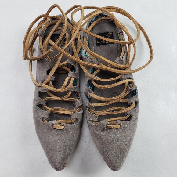 Freebird Enya Lace Up Flat Women 9 Beige Leather Boho Ankle Tie Pointed Toe Shoe - Picture 5 of 15